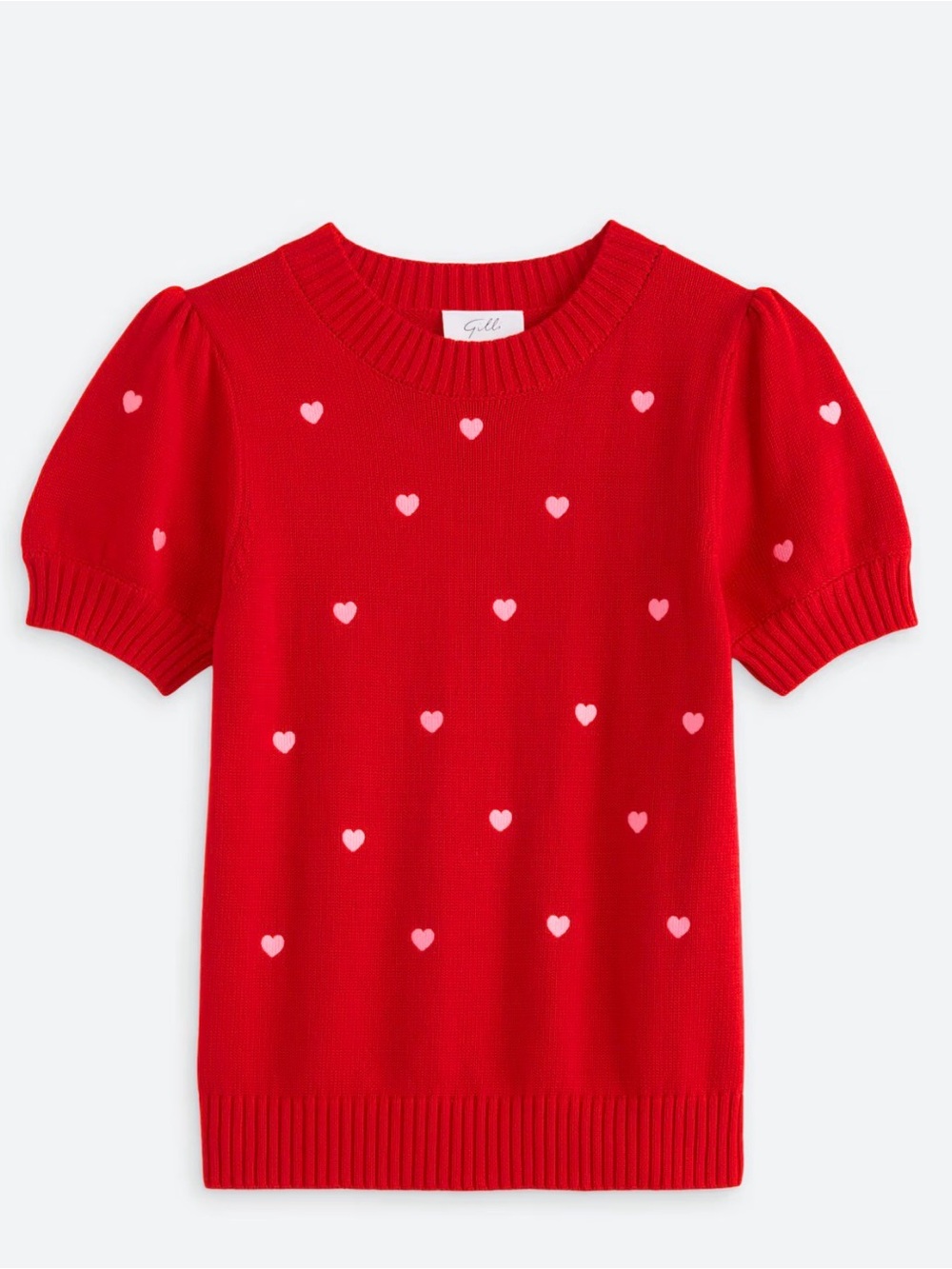 Gilli Red Short-Sleeve Knit Top with Pink Heart Motifs